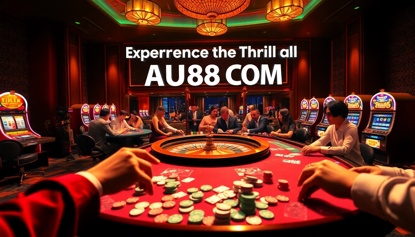 Experience the excitement of casino gaming at AU88 COM with a vibrant roulette wheel and eager players.