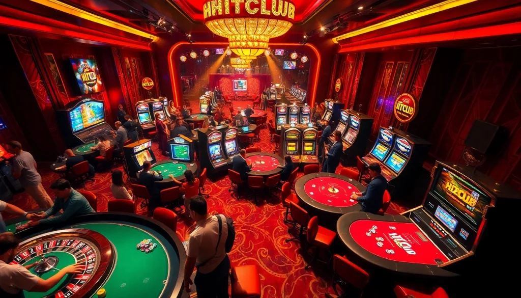 HITCLUB casino scene featuring players at roulette and poker tables, capturing the thrill of gambling.