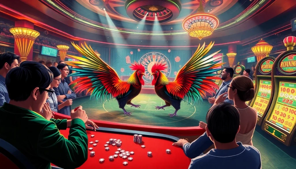 Experience the thrill of Đá gà Thomo with intense gambling action on display in a vibrant casino.